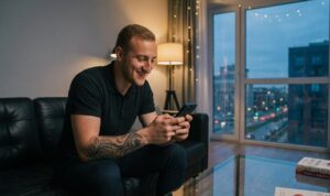 Парень со смартфоном в руках просматривает соцсети и хочет найти девушку