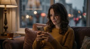 Девушка переписывается с парнем на смартфоне и думает о нем