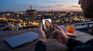 Парень держит смартфон в руках и знакомится с девушками в приложении Twinby