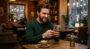 Парень держит телефон в руках и знакомится в дейтинг приложении