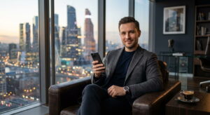 Стильный мужчина держит в руках смартфон и думает что написать в разделе "О себе"