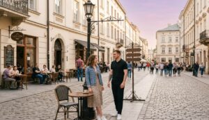 Парень знакомится с девушкой на пешеходной улице возле кафе.