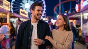 Парень и девушка идут веселые на прогулке