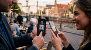 Парень знакомится с девушкой на улице и берет у нее контакт Телеграм